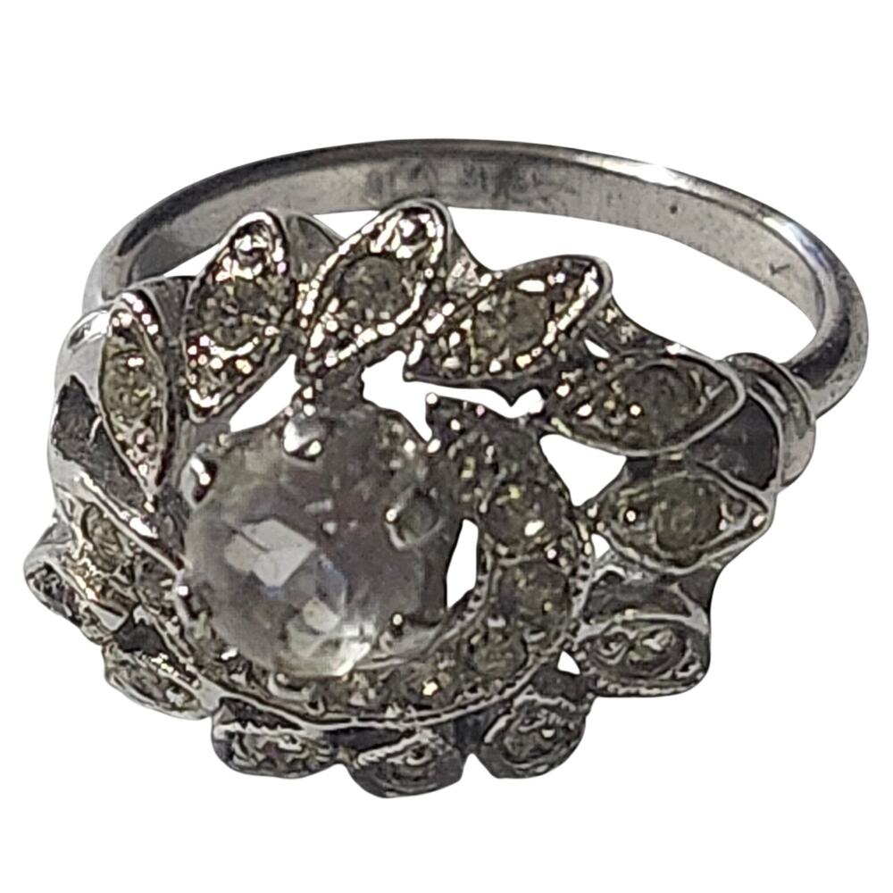Vintage Sarah Coventry Hostess Silver Tone Clear Rhinestone Cocktail Ring Size 8